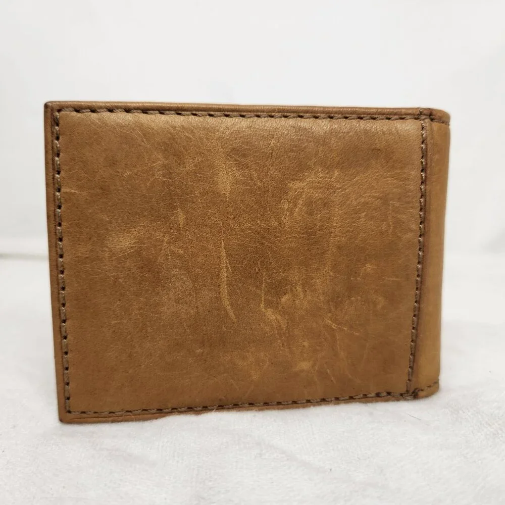 Fossil Men Tan Leather Money Clip Bifold Wallet